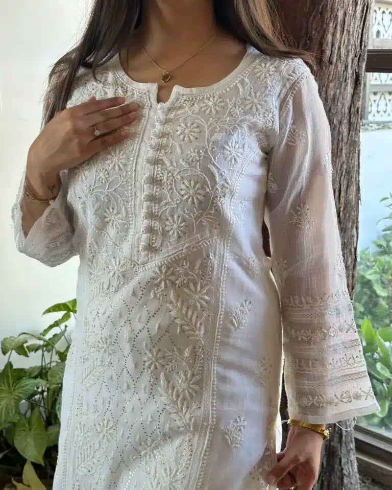 White Kota Chikankari Kurta With Mukaish Kamdani Work