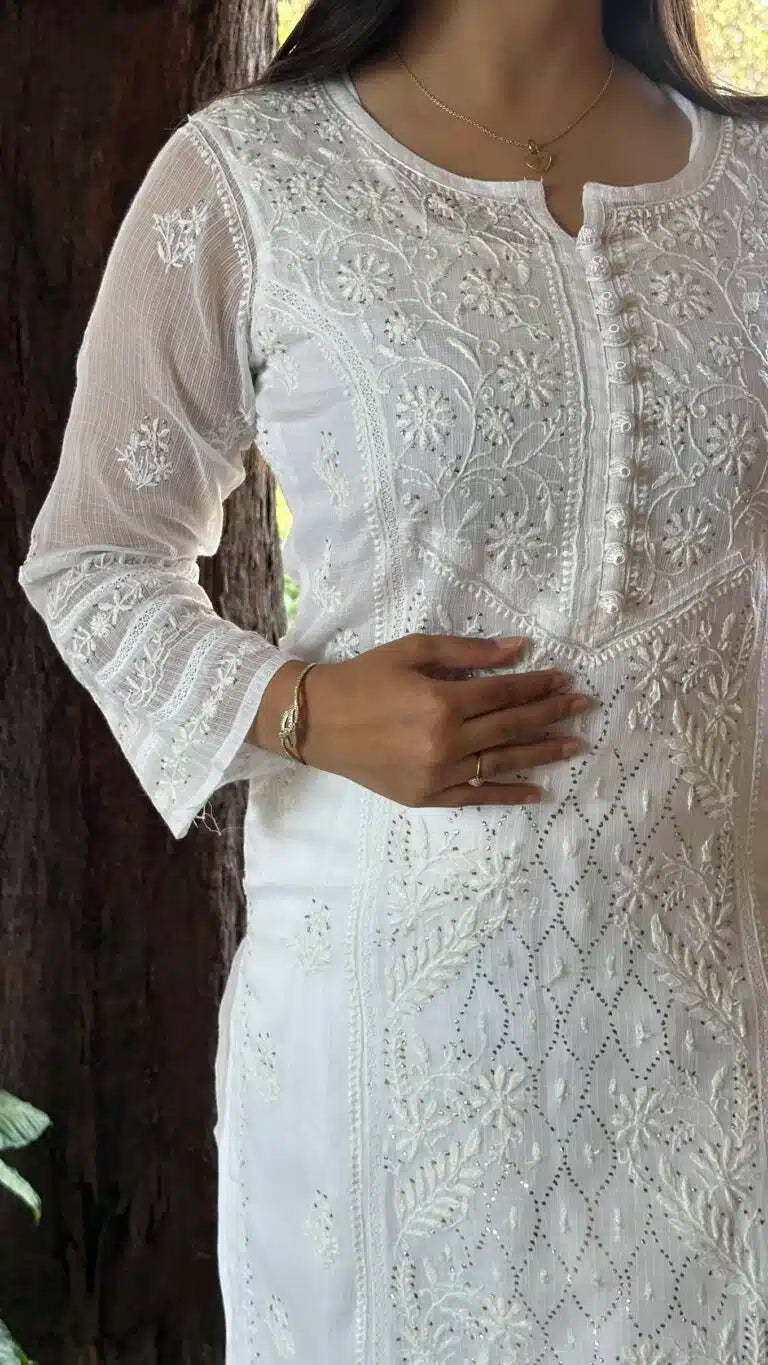 White Kota Chikankari Kurta With Mukaish Kamdani Work