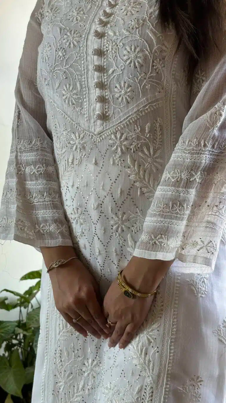 White Kota Chikankari Kurta With Mukaish Kamdani Work