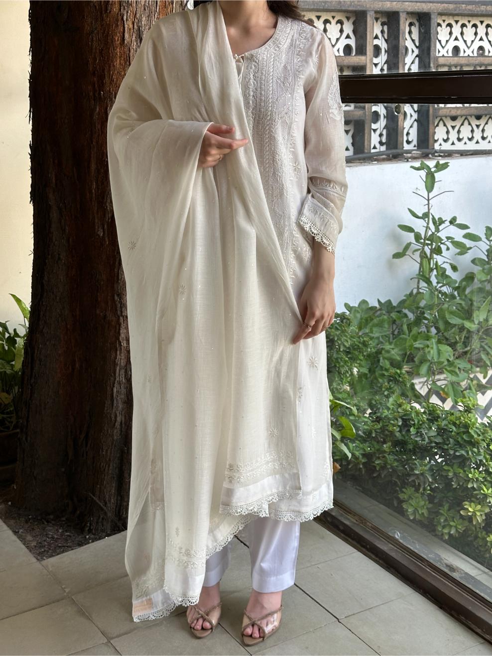 White Mulmul Pearl White Chikankari Ready to Wear Kurta Set