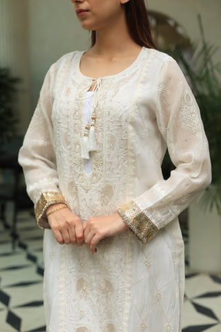 White Mulmul Pearl White Chikankari Ready to Wear Kurta Set