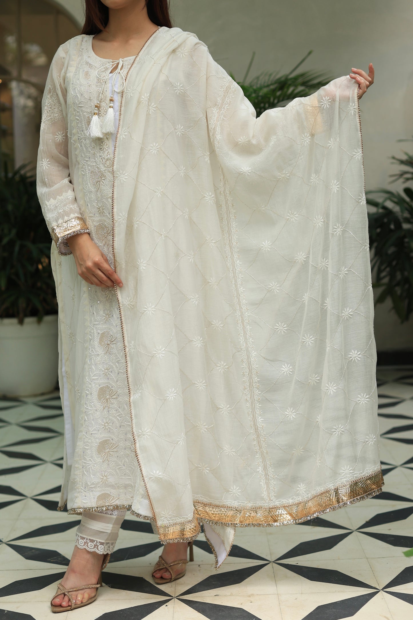 White Mulmul Pearl White Chikankari Ready to Wear Kurta Set