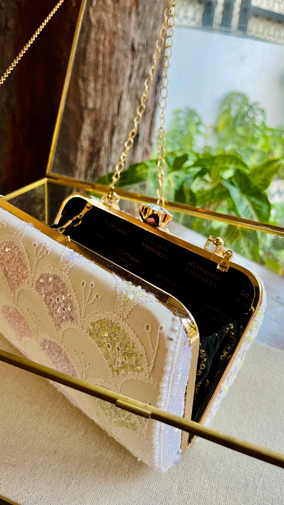 White Multi Georgette Sequins Chikankari Handle Sling Clutch