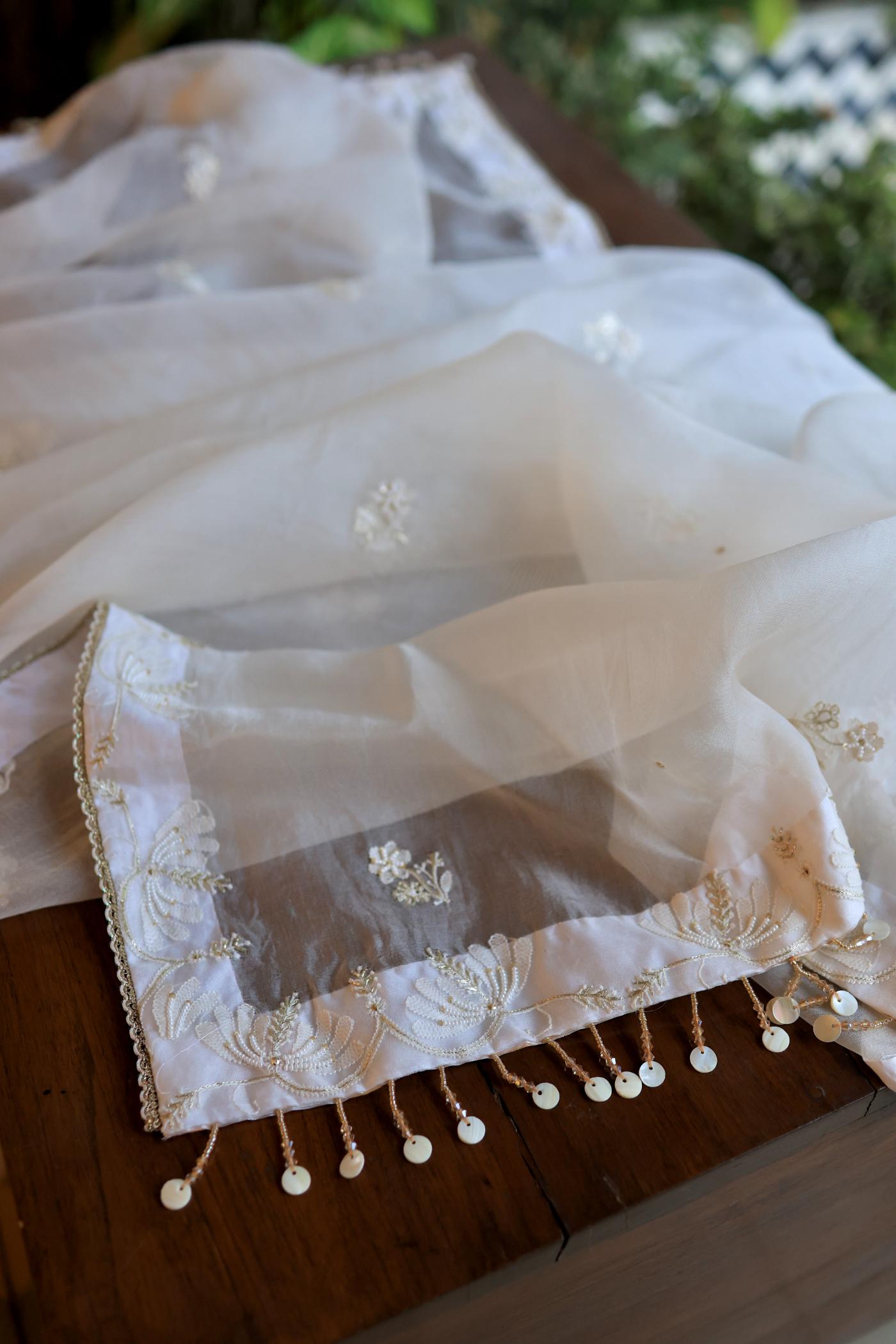 White Noor Organza Banarasi Silk Chikankari Unstitched Kurta Dupatta Set