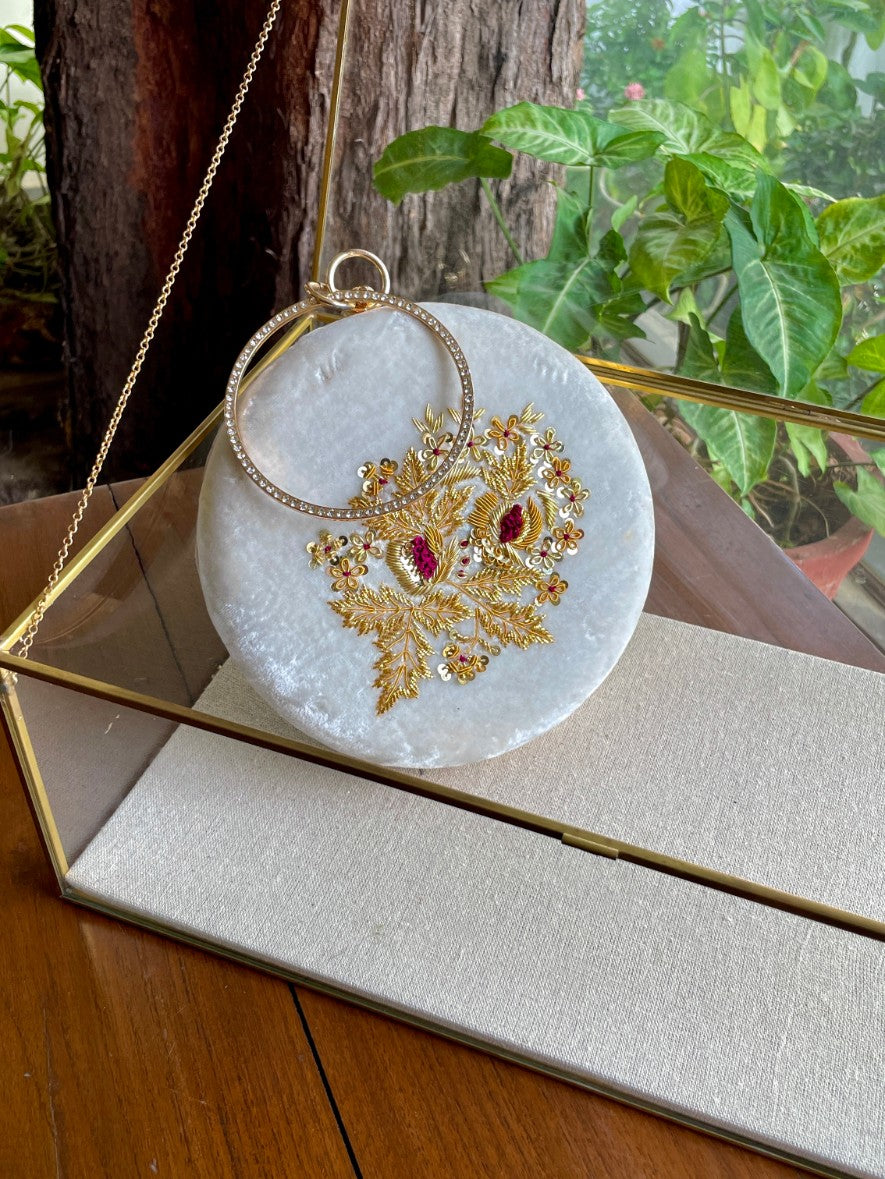 White Shade Velvet Ari Mukaish Zardosi Round Sling Bag