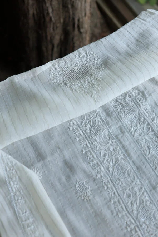 White Zari Chanderi Unisex Chikankari Unstitched Men’s Kurta Fabric