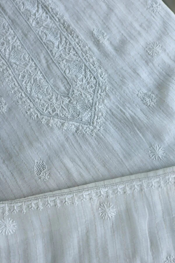 White Zari Chanderi Unisex Chikankari Unstitched Men’s Kurta Fabric