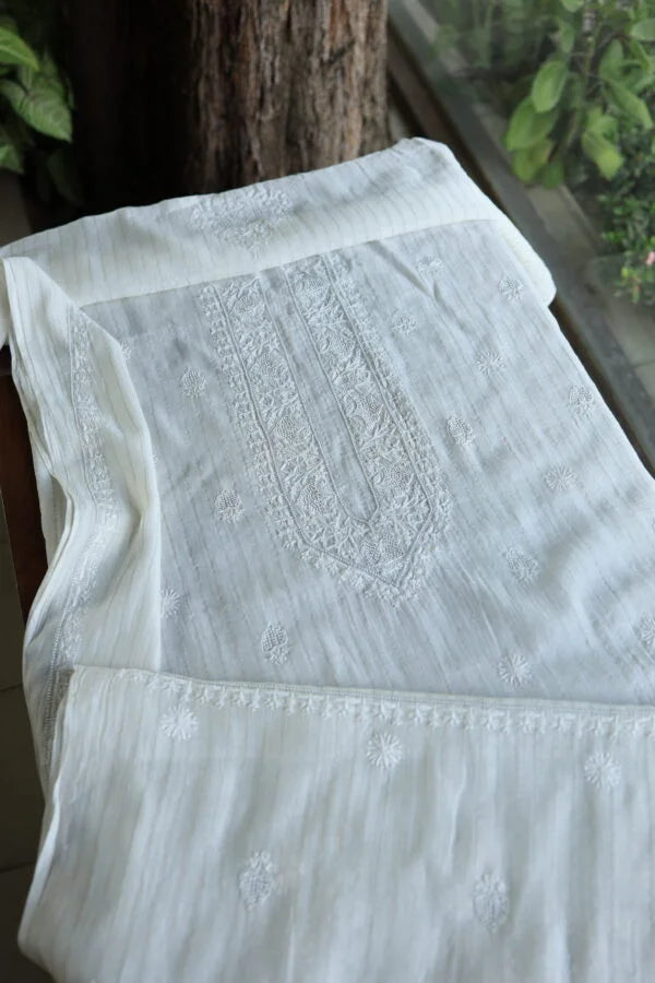 White Zari Chanderi Unisex Chikankari Unstitched Men’s Kurta Fabric