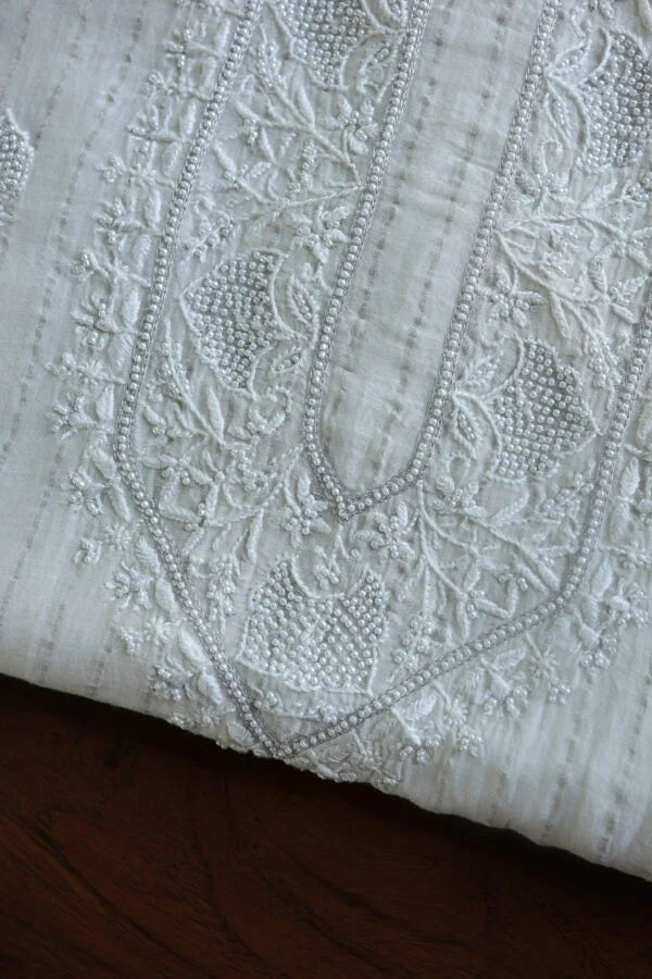 White Zari Chanderi Unisex Chikankari Unstitched Men’s Kurta Fabric