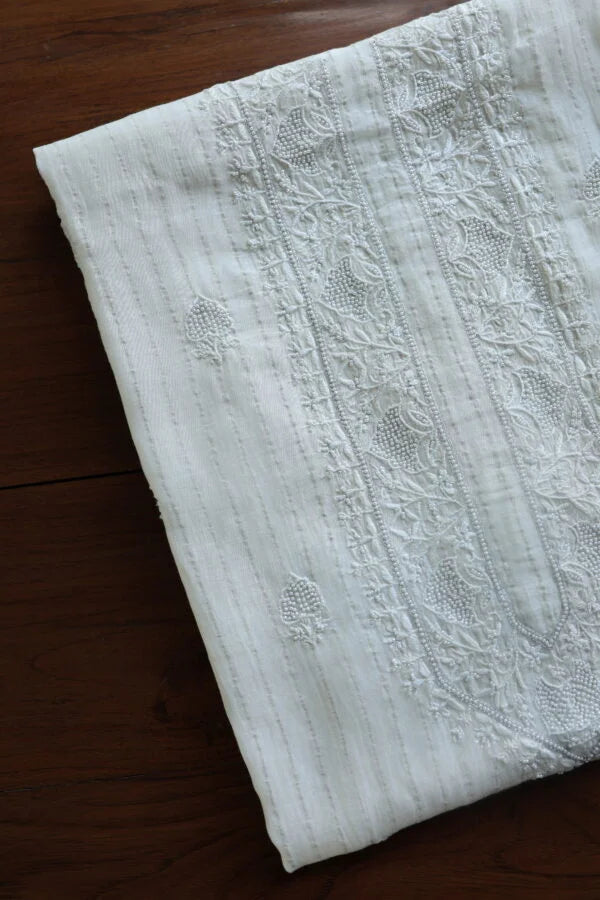 White Zari Chanderi Unisex Chikankari Unstitched Men’s Kurta Fabric