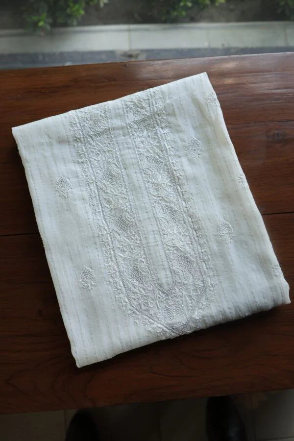 White Zari Chanderi Unisex Chikankari Unstitched Men’s Kurta Fabric