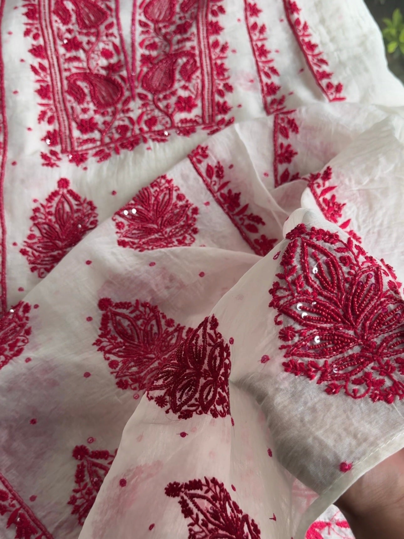 White & Red Mal Chanderi Silk Chikankari With Sequins Unstitched Kurta Dupatta Set