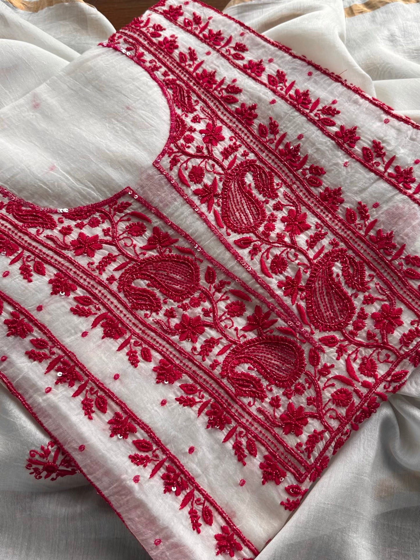 White & Red Mal Chanderi Silk Chikankari With Sequins Unstitched Kurta Dupatta Set