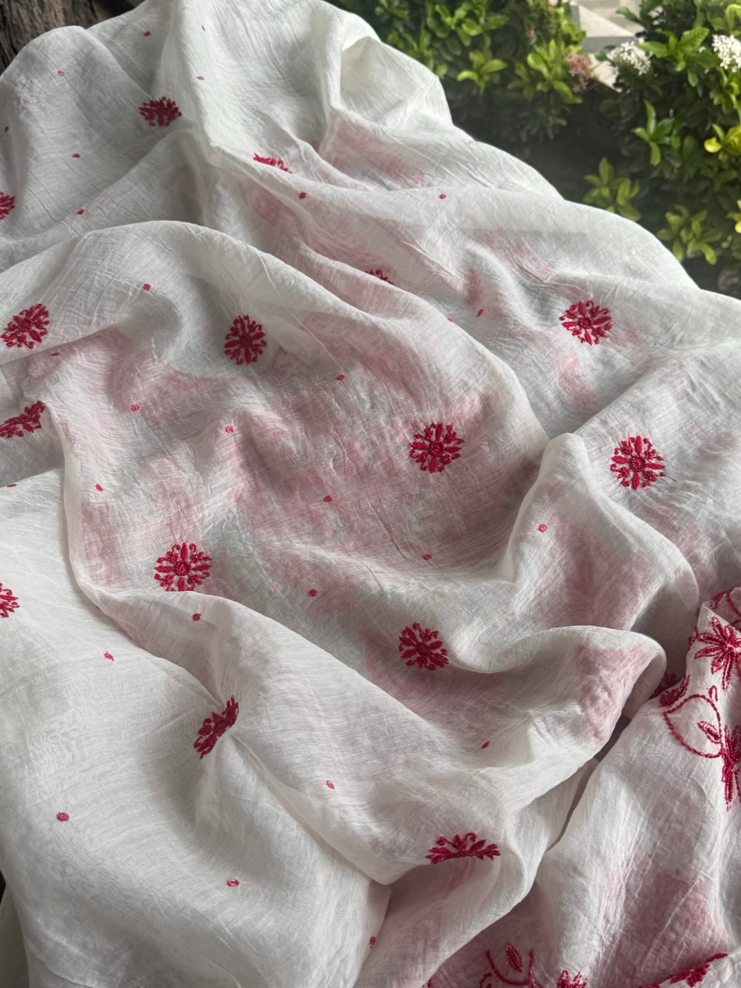 White & Red Mal Chanderi Silk Chikankari With Sequins Unstitched Kurta Dupatta Set
