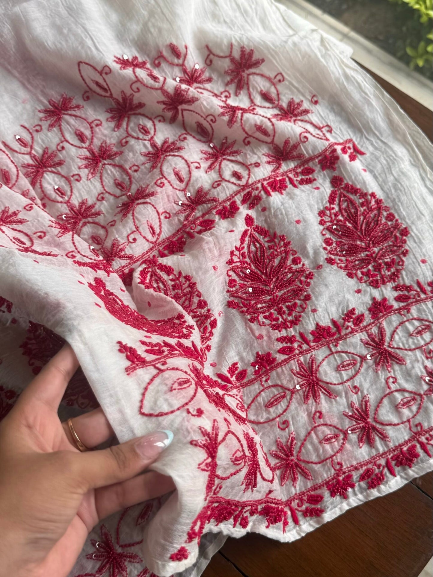 White & Red Mal Chanderi Silk Chikankari With Sequins Unstitched Kurta Dupatta Set