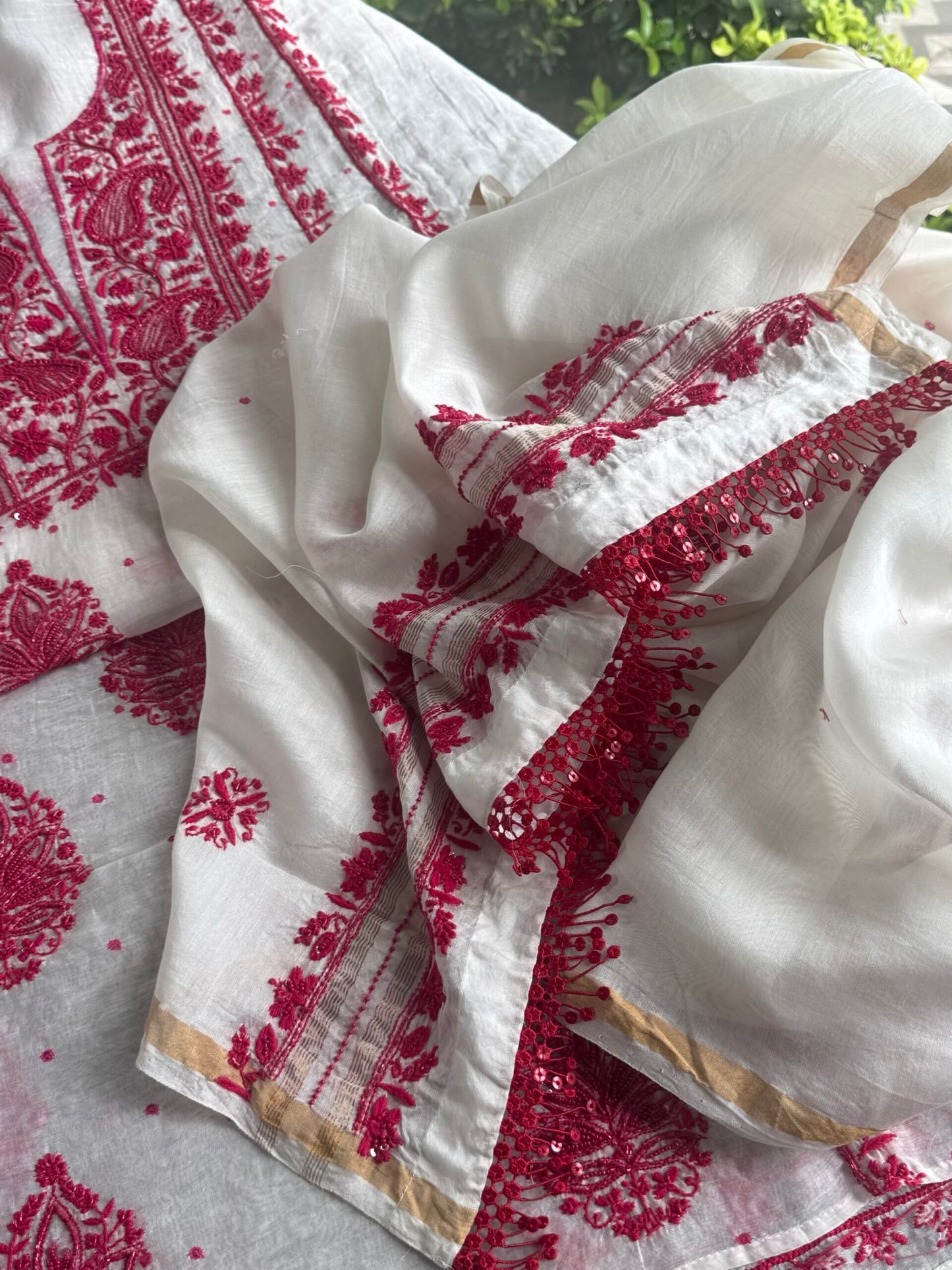 White & Red Mal Chanderi Silk Chikankari With Sequins Unstitched Kurta Dupatta Set