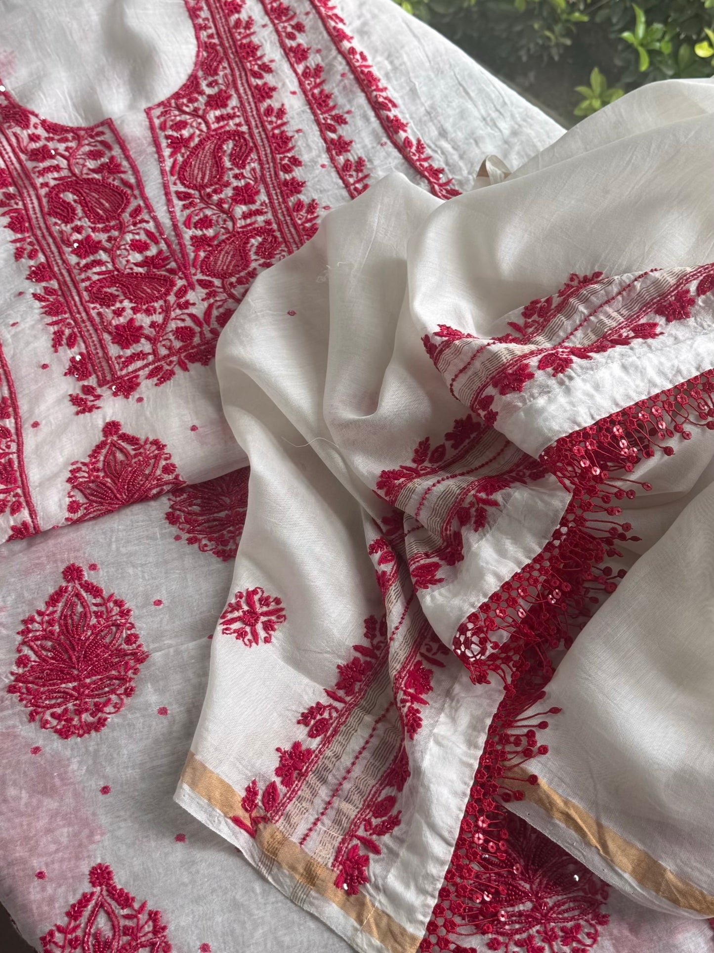 White & Red Mal Chanderi Silk Chikankari With Sequins Unstitched Kurta Dupatta Set