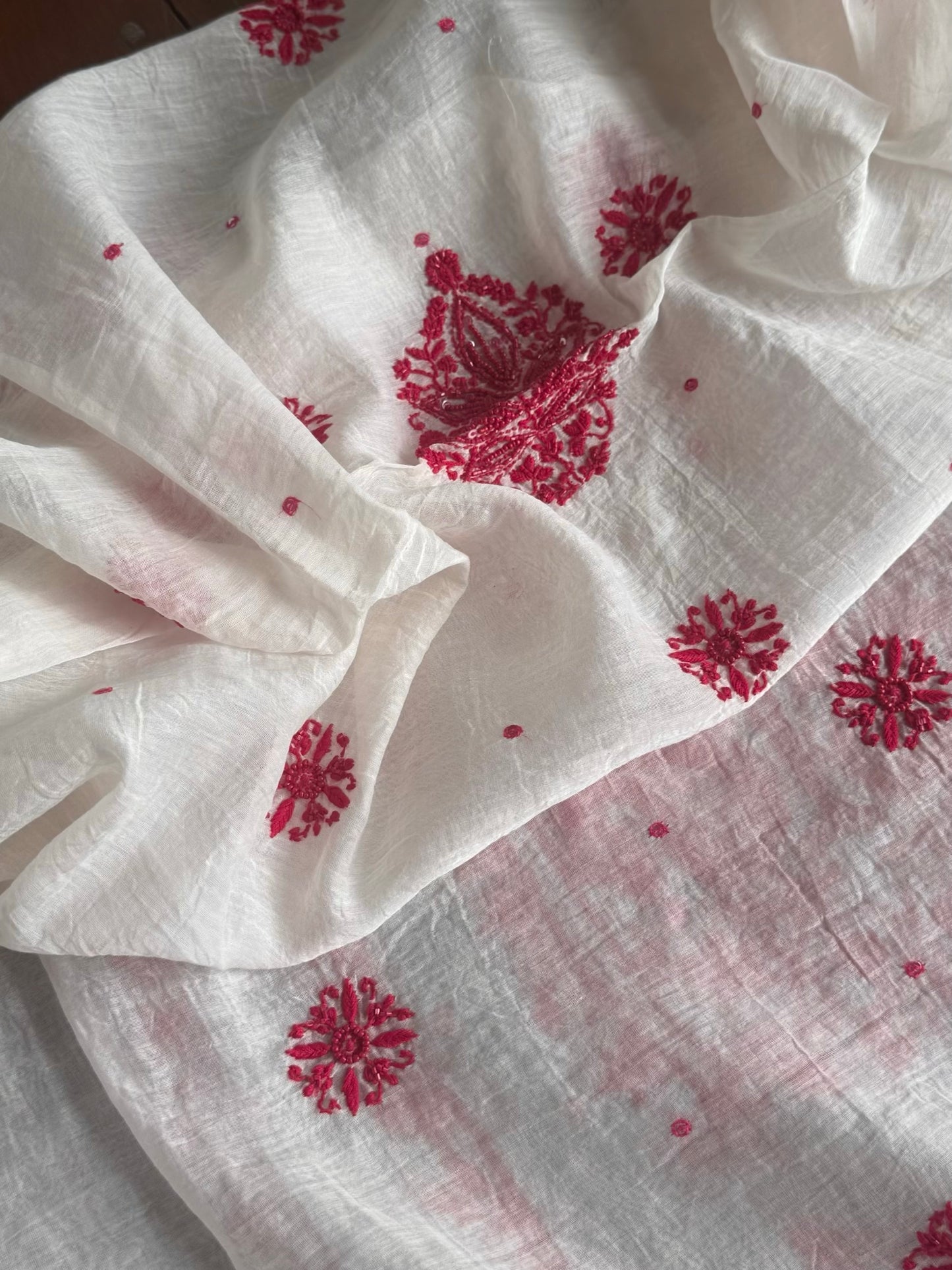 White & Red Mal Chanderi Silk Chikankari With Sequins Unstitched Kurta Dupatta Set
