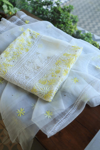 White & Yellow Noor Organza Silk Chikankari With Kamdani Fabric