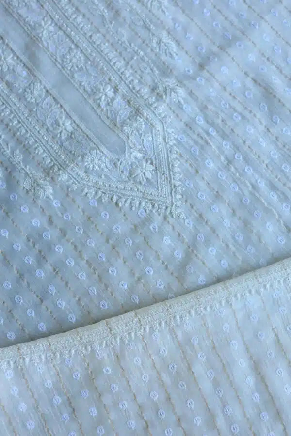 White Zari Chanderi Unisex Chikankari Men’s Kurta Fabric