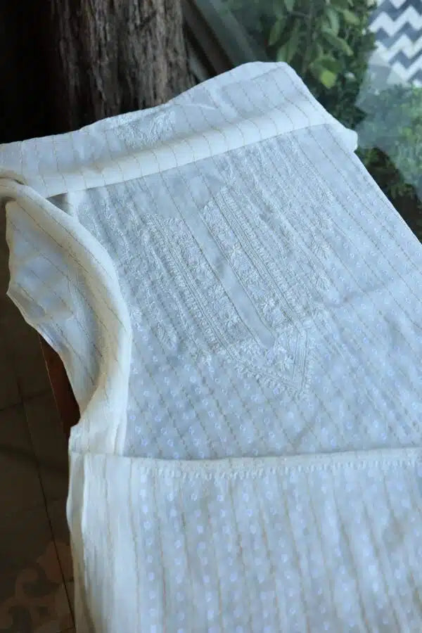 White Zari Chanderi Unisex Chikankari Men’s Kurta Fabric