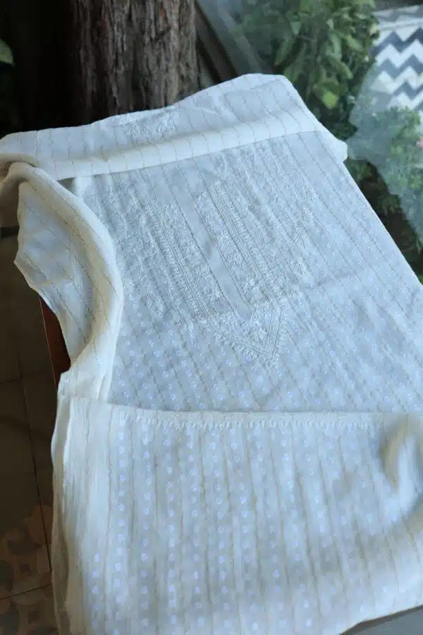 White Zari Chanderi Unisex Chikankari Men’s Kurta Fabric