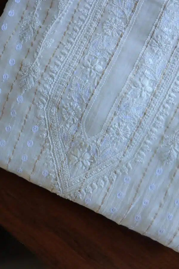 White Zari Chanderi Unisex Chikankari Men’s Kurta Fabric