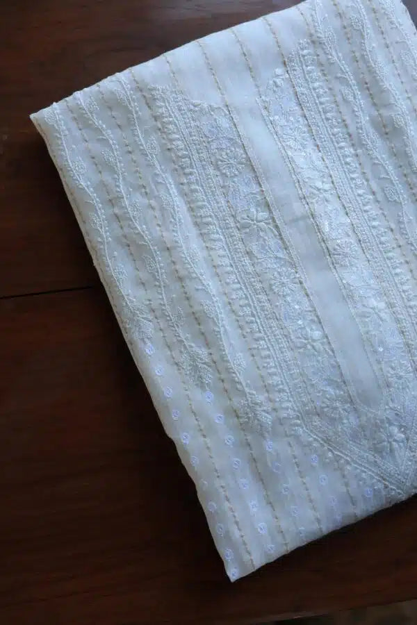 White Zari Chanderi Unisex Chikankari Men’s Kurta Fabric