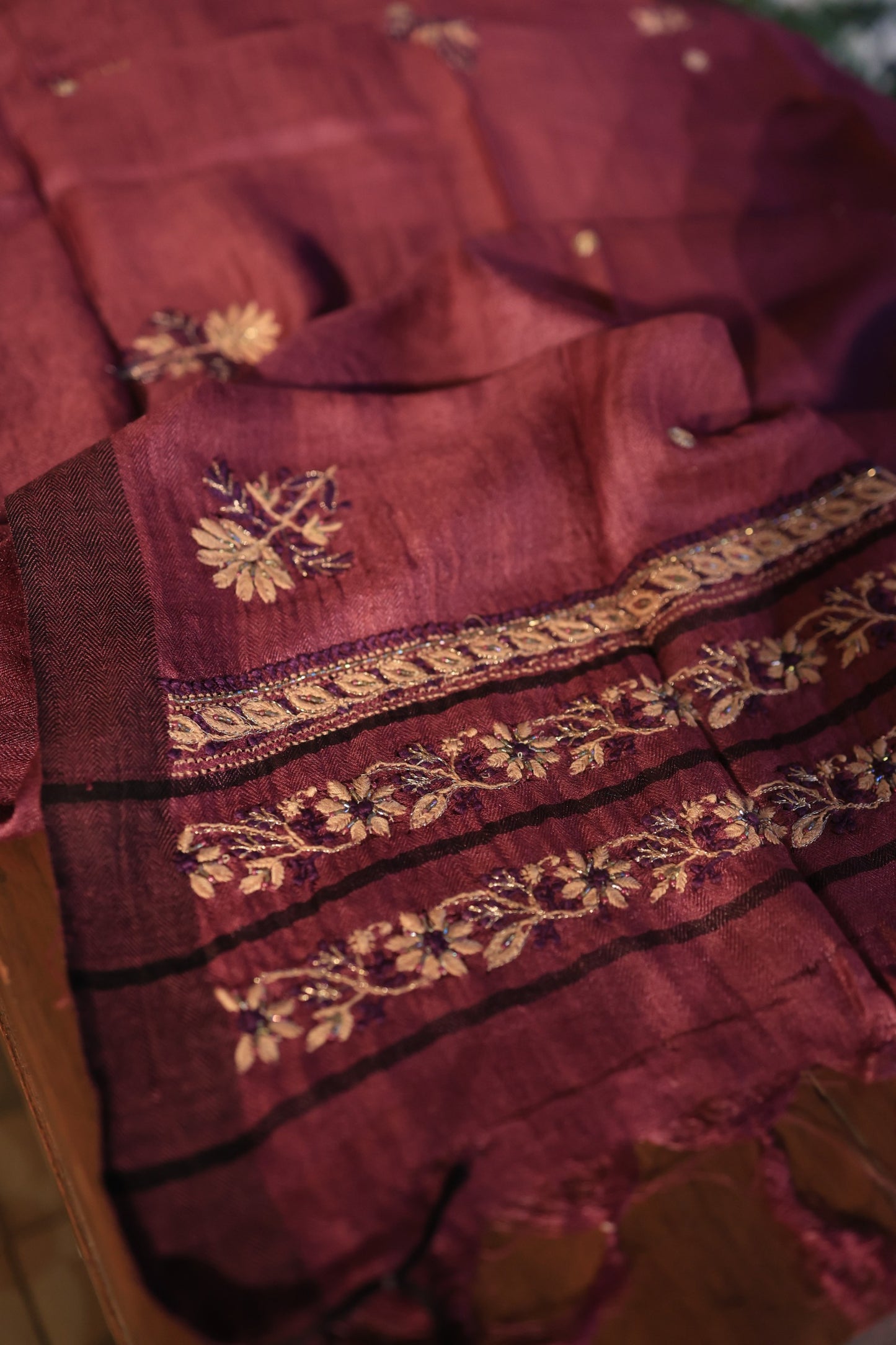 Wine Berry Shade Pashmina x Chikankari Fabrics