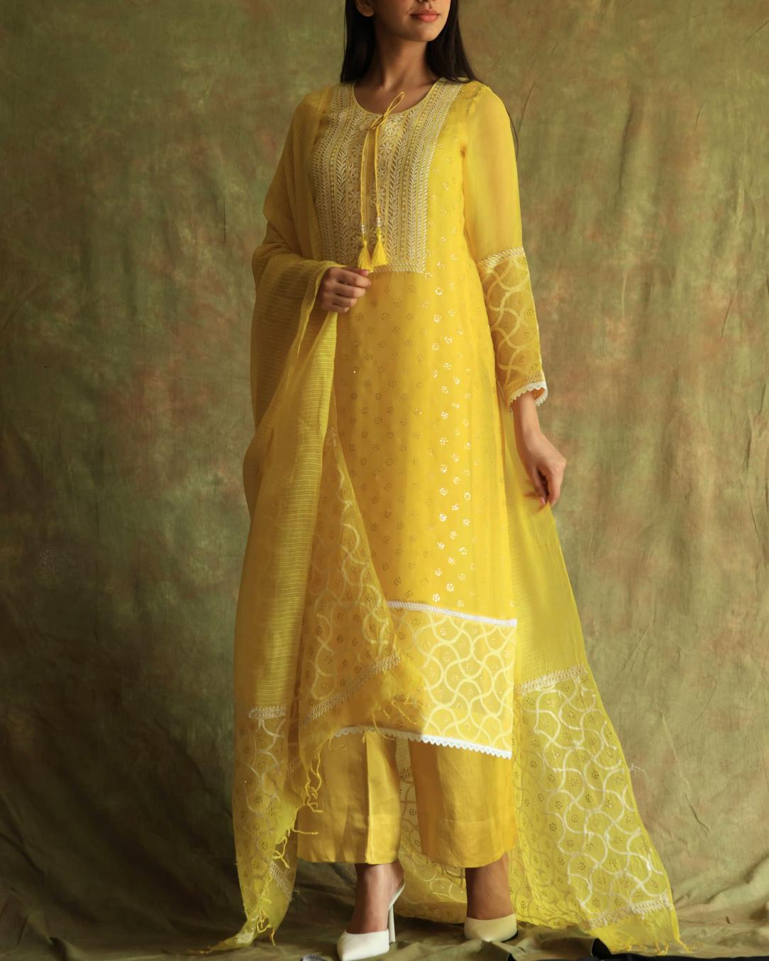 Yellow Mukaish Kamdani Noor Organza Chikankari Kurta Set