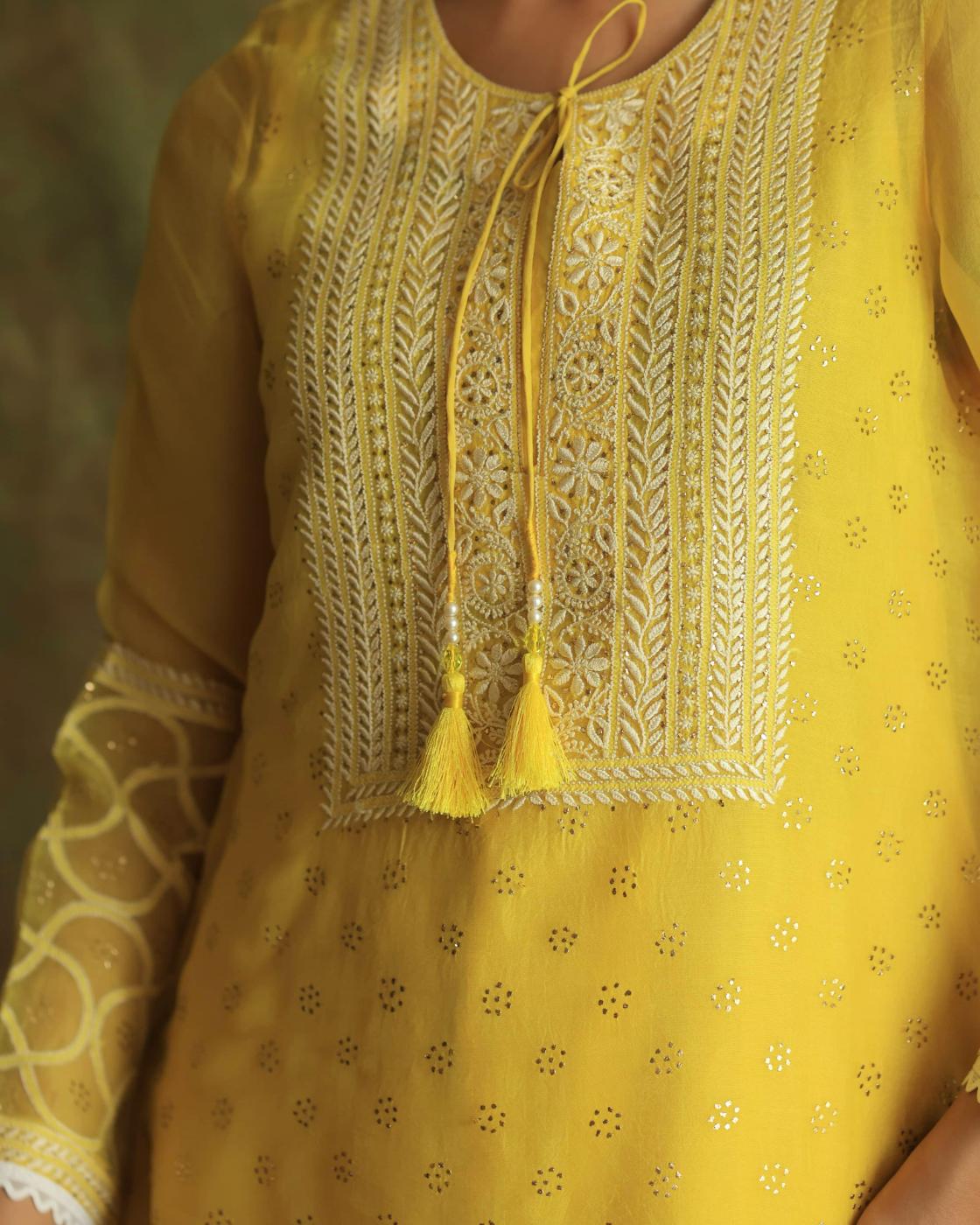 Yellow Mukaish Kamdani Noor Organza Chikankari Kurta Set