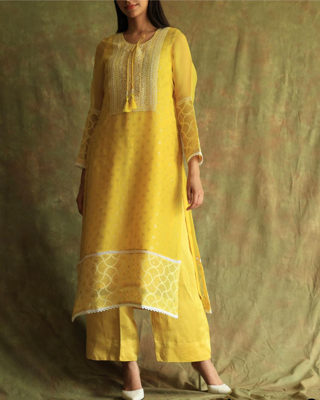 Yellow Mukaish Kamdani Noor Organza Chikankari Kurta Set