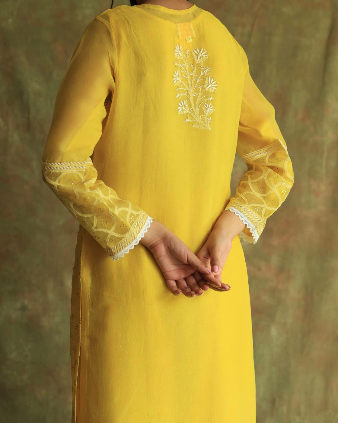 Yellow Mukaish Kamdani Noor Organza Chikankari Kurta Set