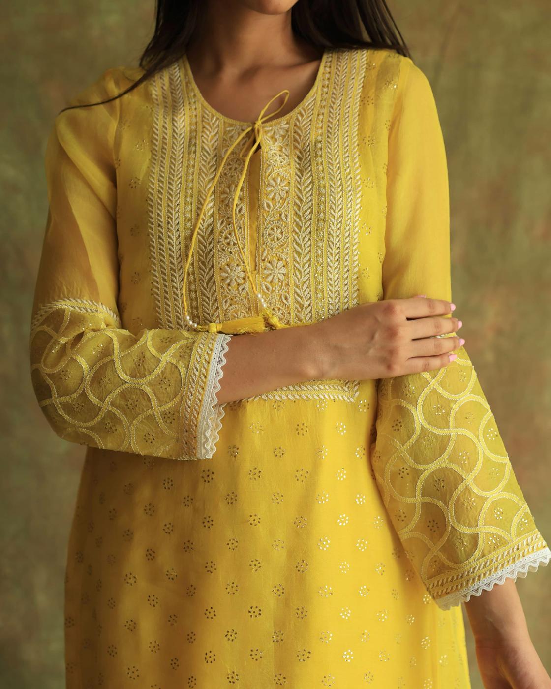 Yellow Mukaish Kamdani Noor Organza Chikankari Kurta Set