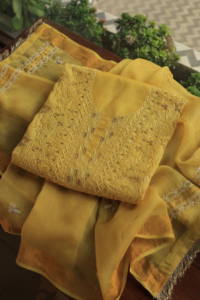 Mustard Paper Tussar Resham Chikankari Unstitched Kurta Dupatta Set
