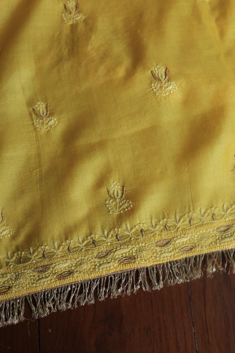Mustard Paper Tussar Resham Chikankari Unstitched Kurta Dupatta Set