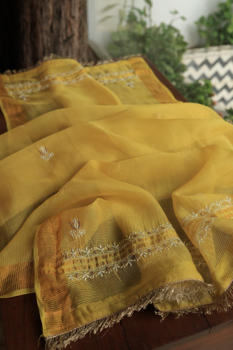 Mustard Paper Tussar Resham Chikankari Unstitched Kurta Dupatta Set