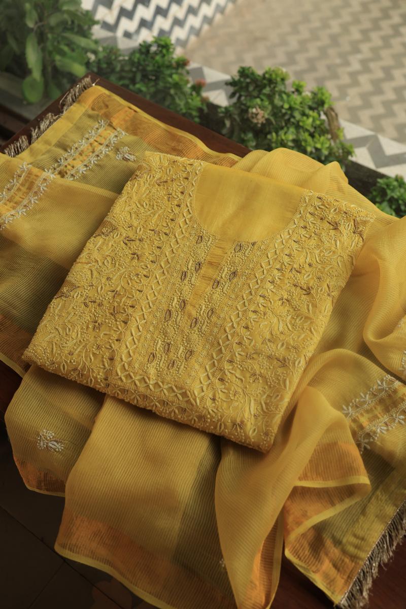 Mustard Paper Tussar Resham Chikankari Unstitched Kurta Dupatta Set