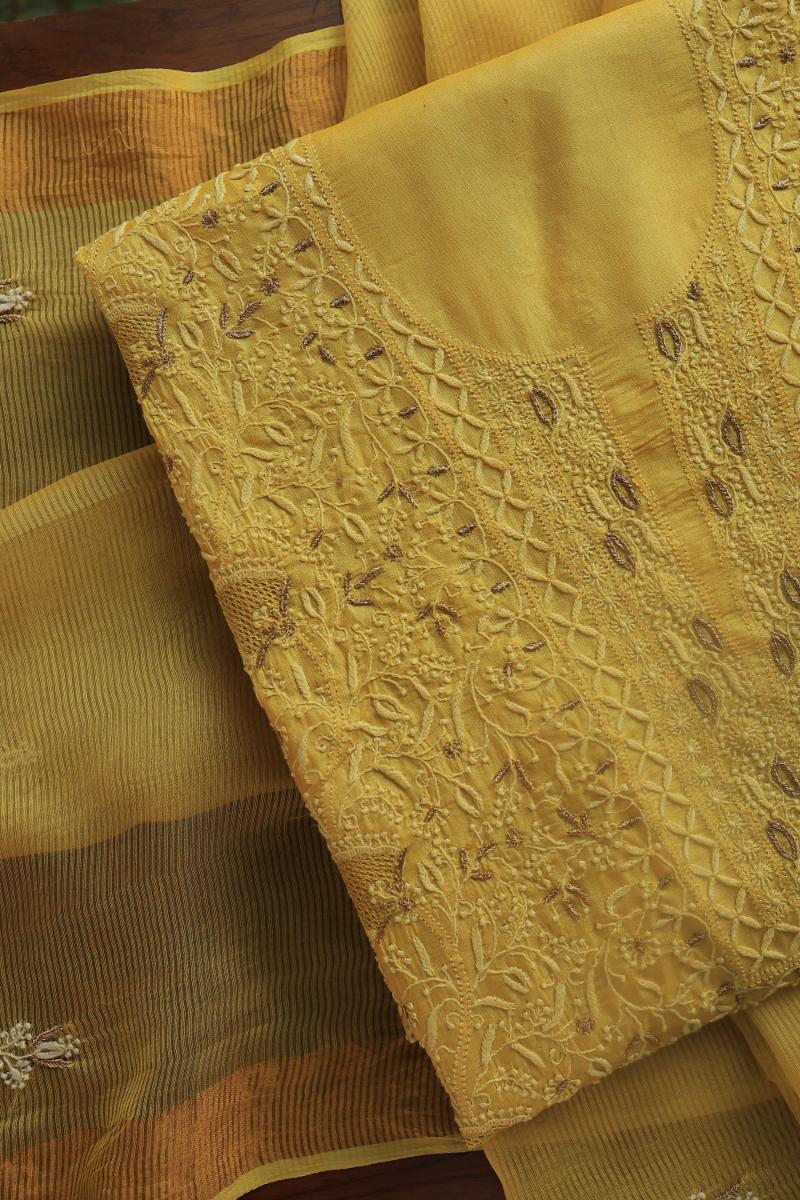 Mustard Paper Tussar Resham Chikankari Unstitched Kurta Dupatta Set