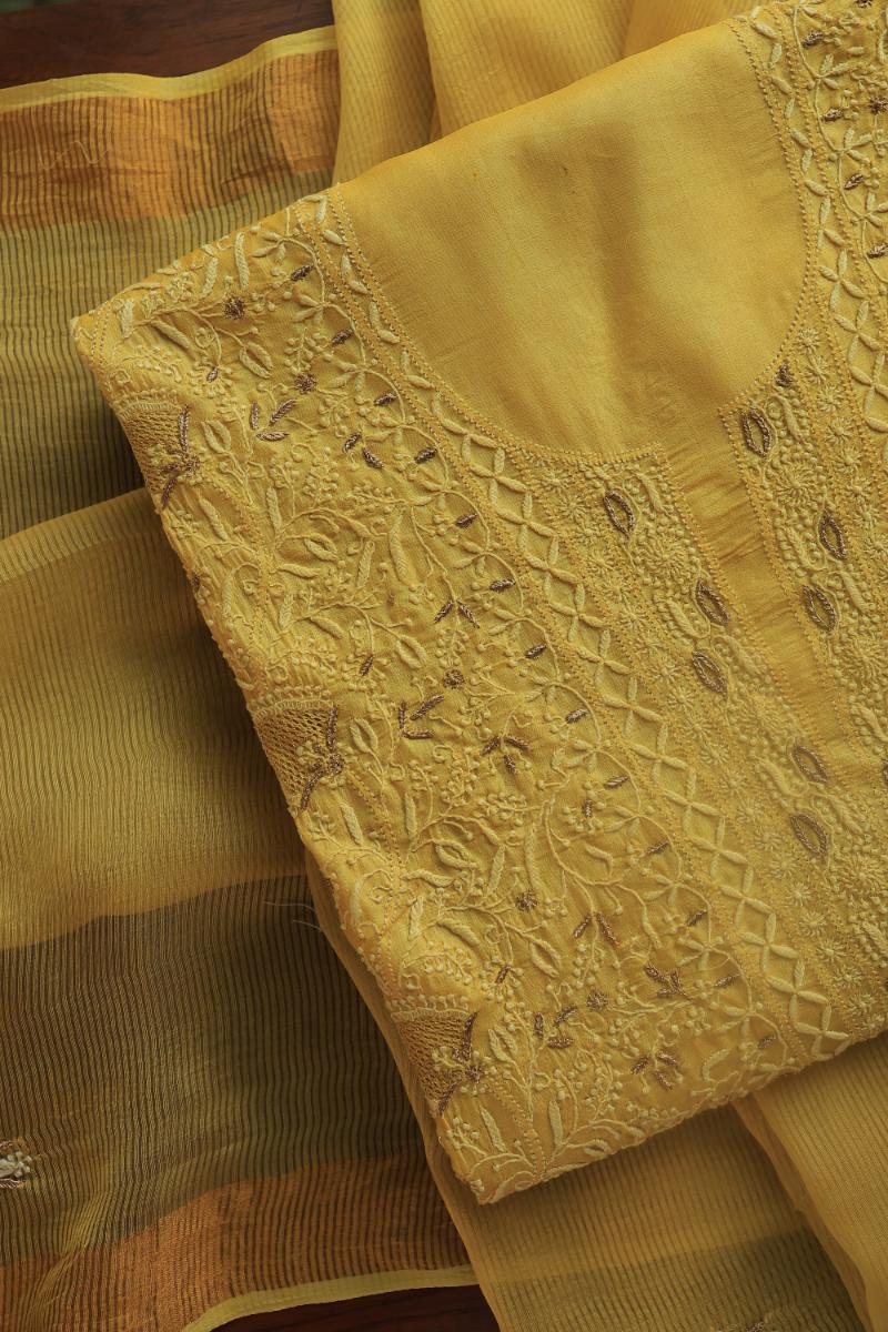 Mustard Paper Tussar Resham Chikankari Unstitched Kurta Dupatta Set