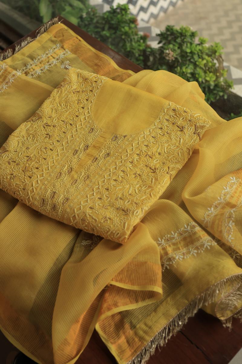 Mustard Paper Tussar Resham Chikankari Unstitched Kurta Dupatta Set