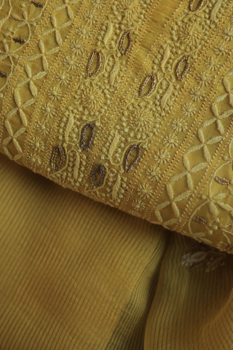 Mustard Paper Tussar Resham Chikankari Unstitched Kurta Dupatta Set
