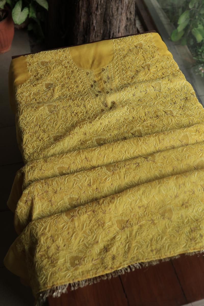 Mustard Paper Tussar Resham Chikankari Unstitched Kurta Dupatta Set