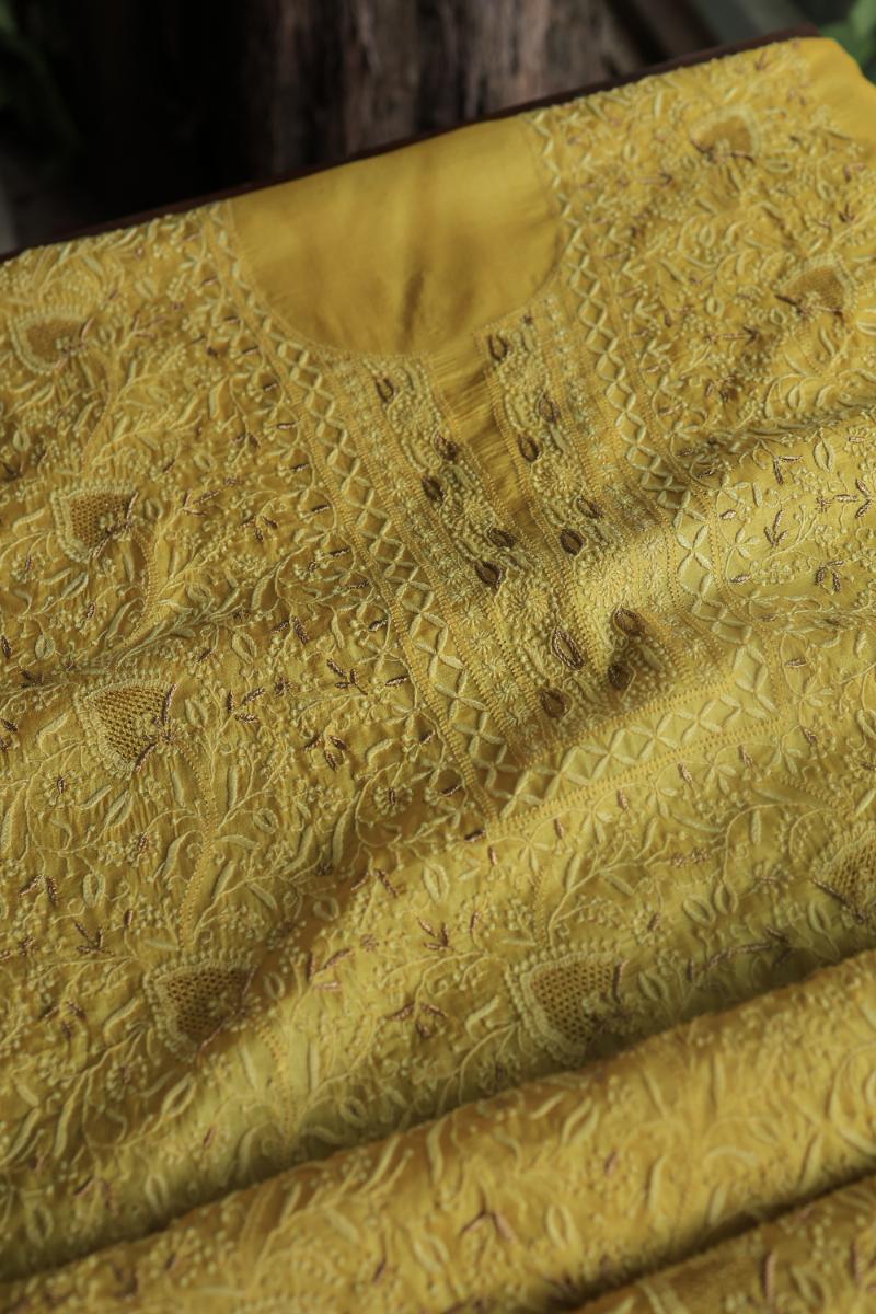 Mustard Paper Tussar Resham Chikankari Unstitched Kurta Dupatta Set