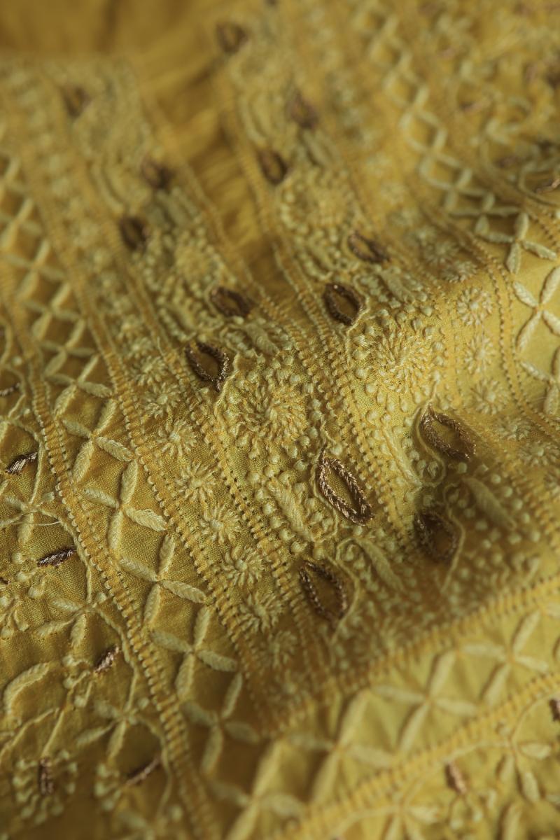 Mustard Paper Tussar Resham Chikankari Unstitched Kurta Dupatta Set