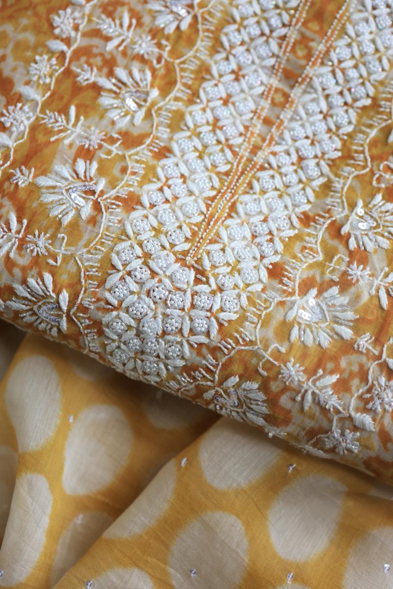 Yellow & White Soft Cotton Printed Unstitched Kurta Dupatta Set with Chikankari & Sequin Work