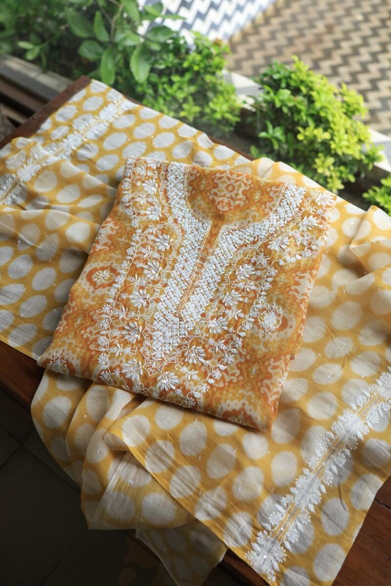 Yellow & White Soft Cotton Printed Unstitched Kurta Dupatta Set with Chikankari & Sequin Work
