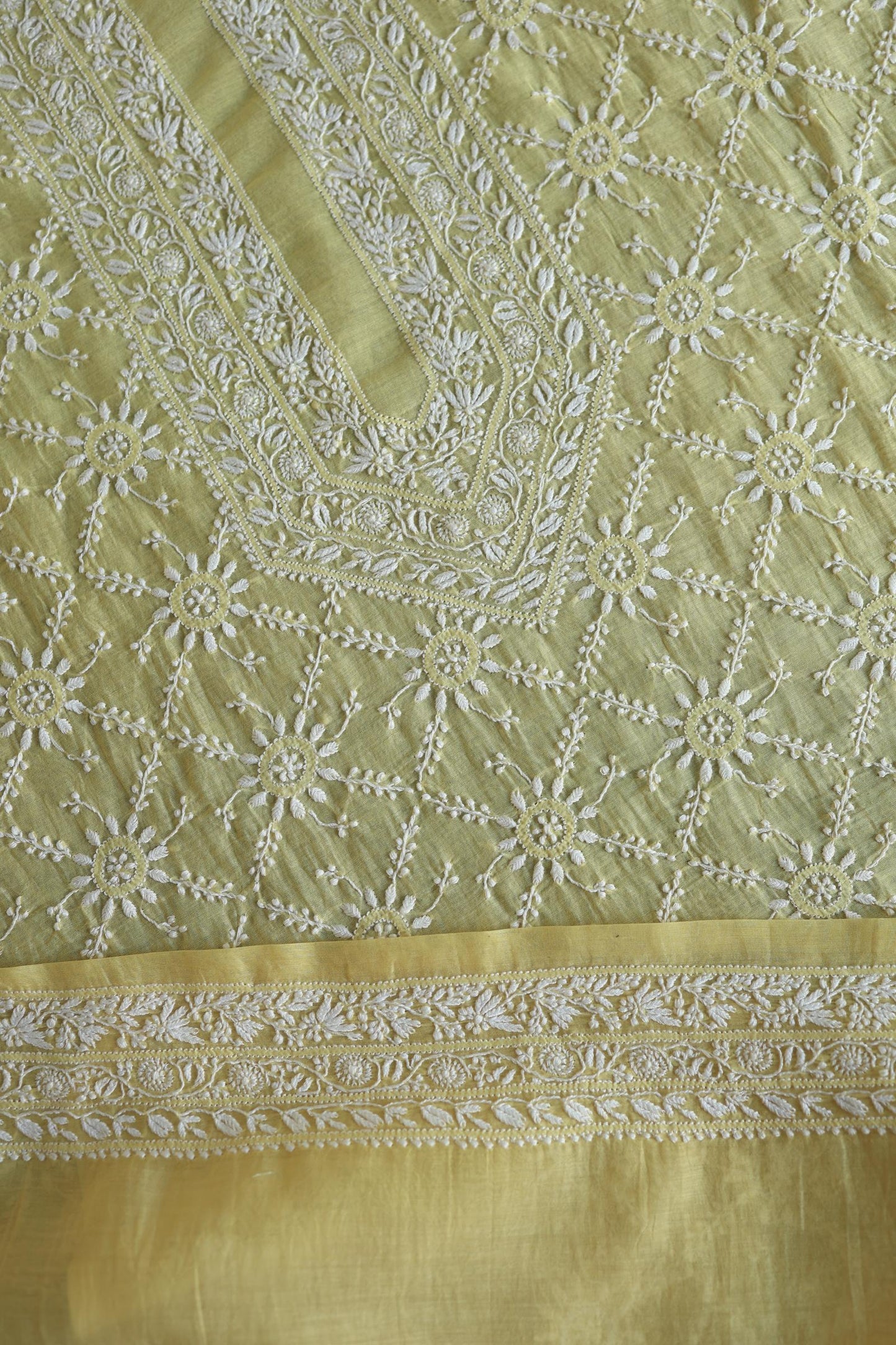 Yellow All Over Chikankari Malmal Unstitched Men's Kurtas Fabric