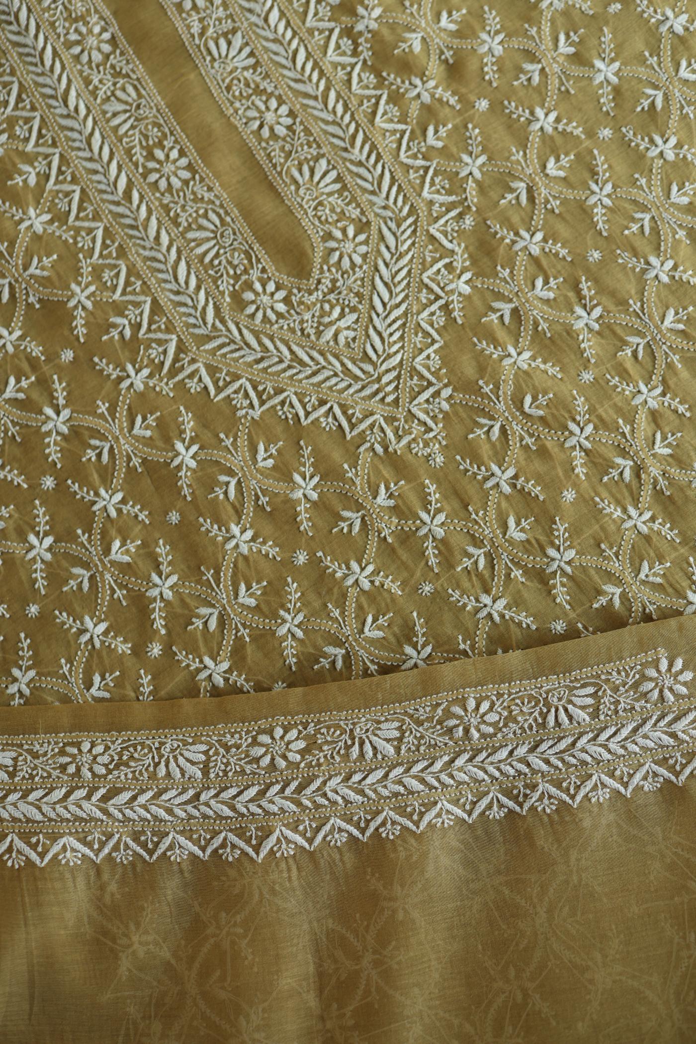 Yellow All Over Chikankari Malmal Unstitched Men's Kurtas Fabric