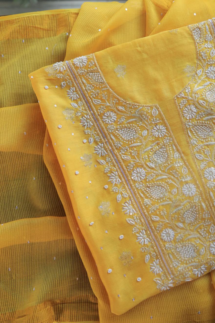 Bright Yellow Banarasi Zari Chanderi Unstitched Chikankari Fabrics